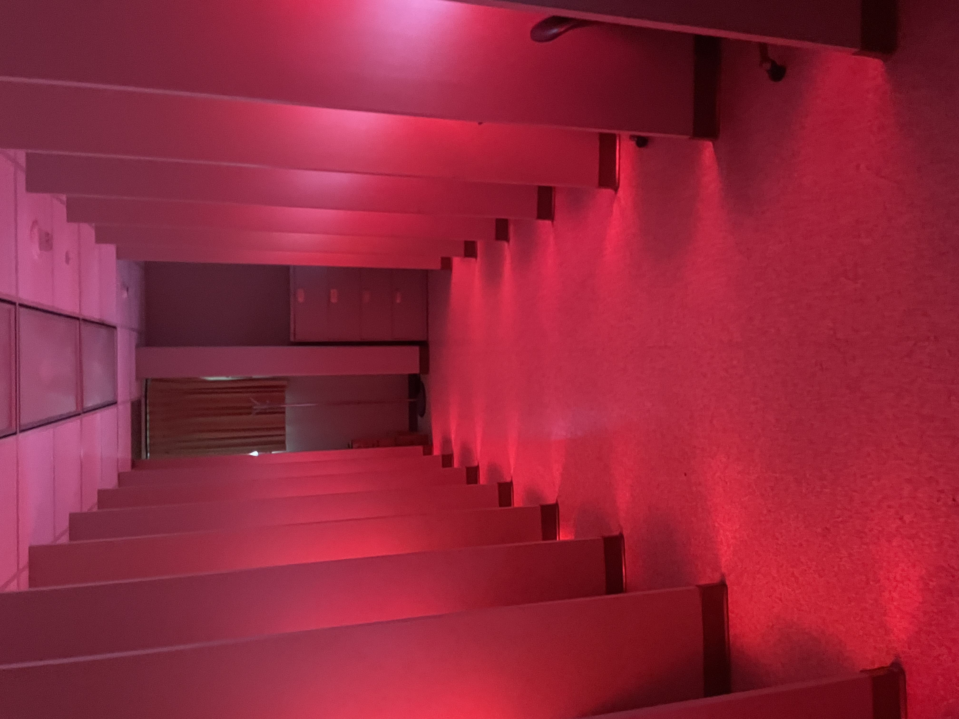 Sensory evaluation booths under red lighting at the Texas A&M Sensory Science Facility